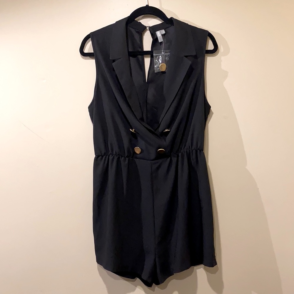 ASOS black short romper with gold buttons